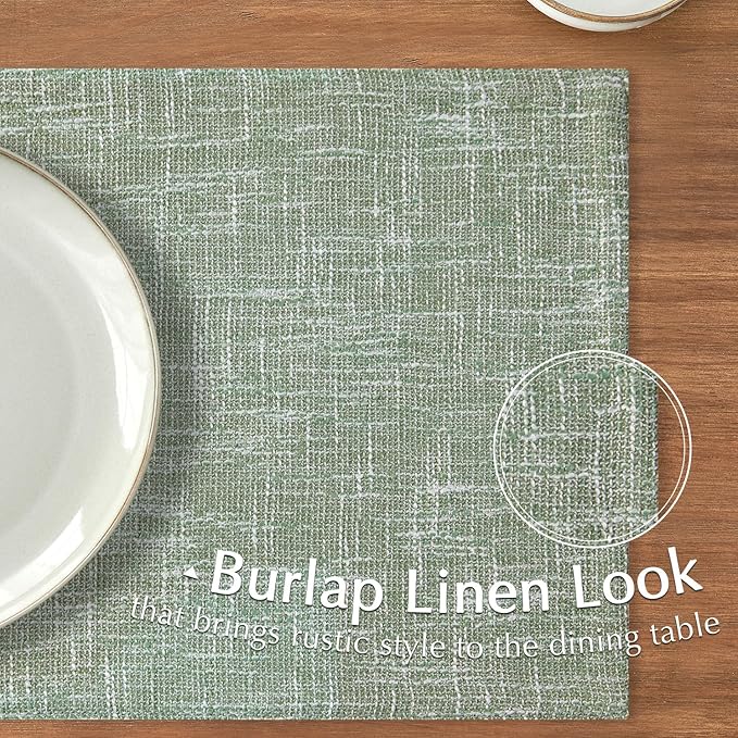 JINCHAN Burlap Textured Placemats Set of 4 Farmhouse Cloth Place Mats Table Mats Sturdy Fabric Placemats for Kitchen Dining Table Double Layer Heat Resistant Tablemats 13 x 19 Inch Green