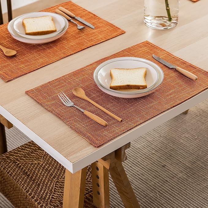 Kevin Textile Burlap Linen Placemats Set of 6 Heat Resistant Dining Table Place Mats Washable Kitchen Table Mats for Dinning Party Holiday Indoor Outdoor, 13 x19 inches, Orange