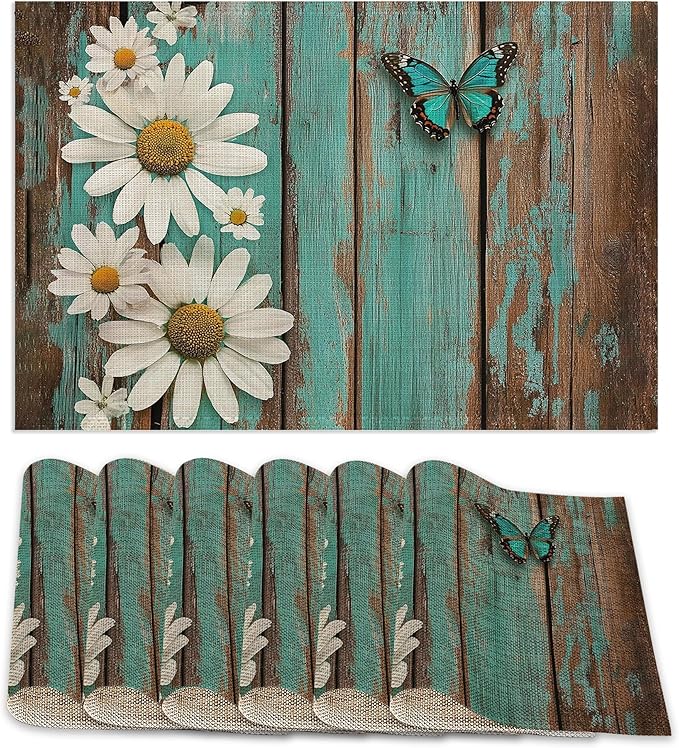 Placemats Set of 6,White Daisy Table Mats, Vintage Wood Washable Linen Table Mats,Non-Slip Heat Resistant Placemats for Party Kitchen Dining Indoor Outdoor 12"x18"