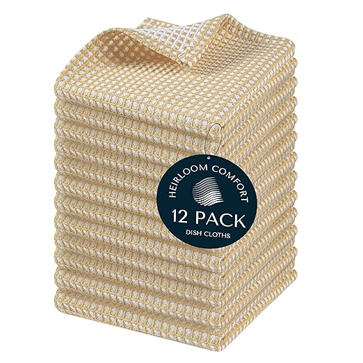 12 Pack Dual Tone Waffle Weave Dish Cloth, 12x12 Inch, 100% Cotton Dishcloth Set, Super Absorbent, Fast Dry, Teal Towels, Soft Hand Towel, Durable Dish Rags & Wash Cloth, Beige
