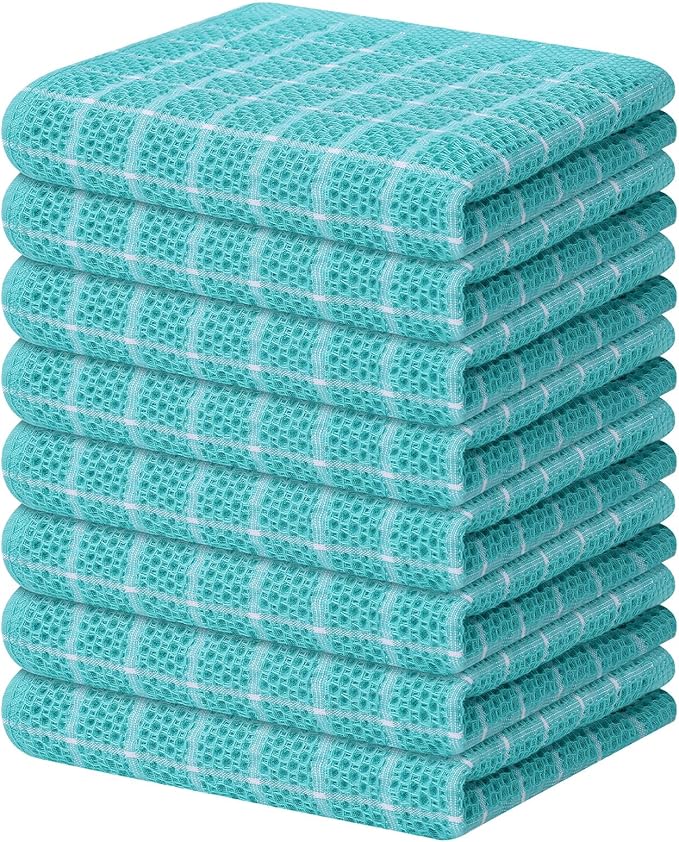 Homaxy 100% Cotton Kitchen Towels 8 Pack-15 X 25 Inches, Check Design Waffle Weave Hand Tea Towels, Super Soft and Absorbent Dish Towel for Drying Dishes, Aqua