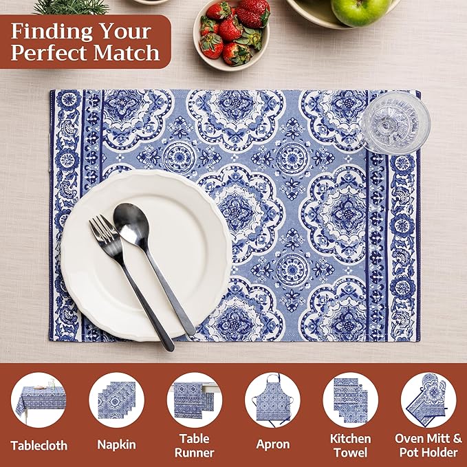 Maison d' Hermine Placemats Set of 4 100% Cotton Washable Cloth Place Mats Reusable Table Mats for Kitchen Dining Party Wedding Gifts for Mothers Day Spring/Summer (Melodie Bleue, 13" x 19")