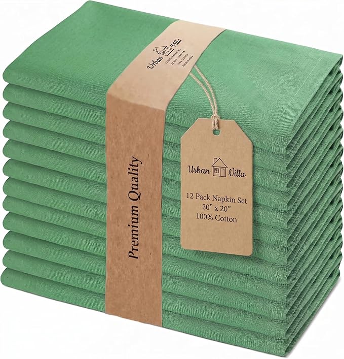 Urban Villa Cloth Napkins Set of 12 20x20 Inches 100% Cotton Napkins Cloth Washable Durable Reusable Absorbent Table Dinner Napkins Cloth for Christmas Parties Hotel Lunch Restaurant Weddings - Green