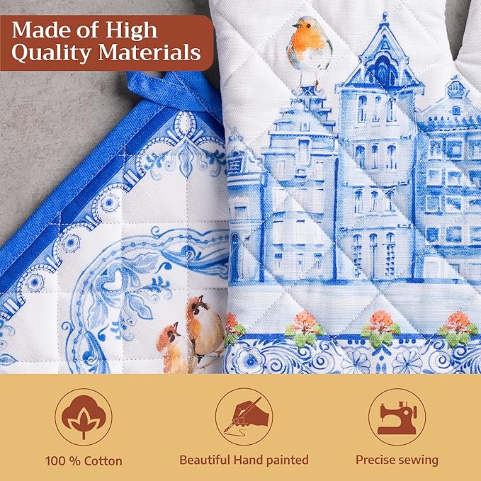 Maison d' Hermine 100% Cotton Oven Mitt & Pot Holder Set (7.5"x13" & 8"x8") Heat Resistant Cooking Gloves with Loop Baking Grilling Kitchen Gifts for Mothers Day Spring/Summer (Amsterdam Canals)