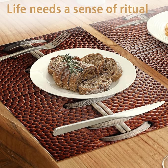 Football Texture Placemats Set of 6,Laces Stripes Placemats Washable Kitchen Dining Linen Table Mats Stain Heat-Resistant for Home Party Indoor 12x18 inch