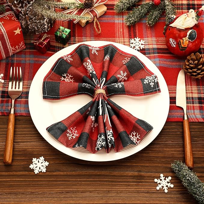 Funnymoom 24 Pcs Christmas Plaid Cloth Napkins Buffalo Gingham 15 x 15 Inches Snowflakes Black and Red Checked Cotton Dinner Napkins Soft Absorbent Washable for Holiday Winter Xmas Party