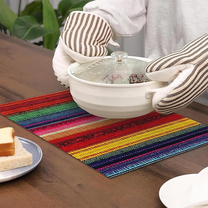 Mexican Placemats Set of 6,Ethnic Stripes Rainbow Table Mates Non-Slip Heat Resistant Washable Linen Place Mats for Party Kitchen Dining Decoration Indoor Outdoor 12"x18"