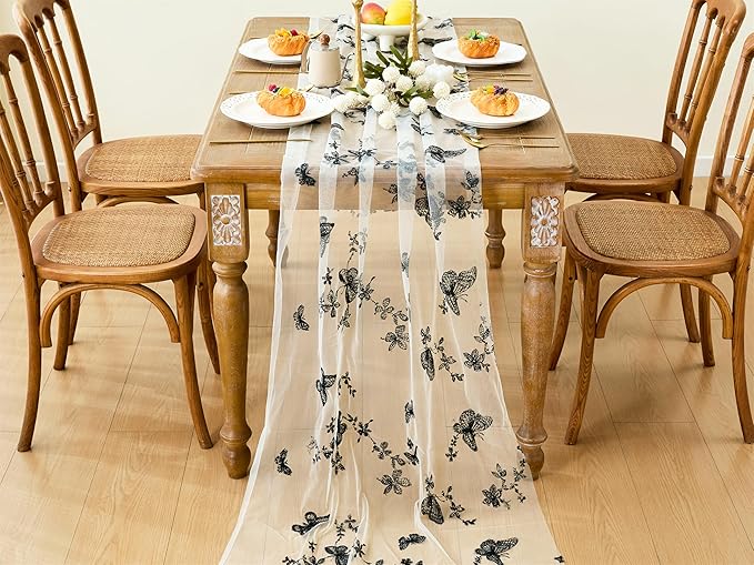 YATOJUZI Embroidery Butterfly Table Runner Tulle Wabi-sabi Decor Seasonal Decorations Dining Table Runners for Home Kitchen Funeral