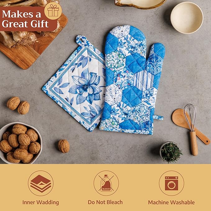 Maison d' Hermine 100% Cotton Oven Mitt & Pot Holder Set (7.5"x13" & 8"x8") Heat Resistant BBQ Cooking Gloves with Loop Baking Grilling Kitchen Gifts for Mothers Day Spring/Summer (Summer Blues)