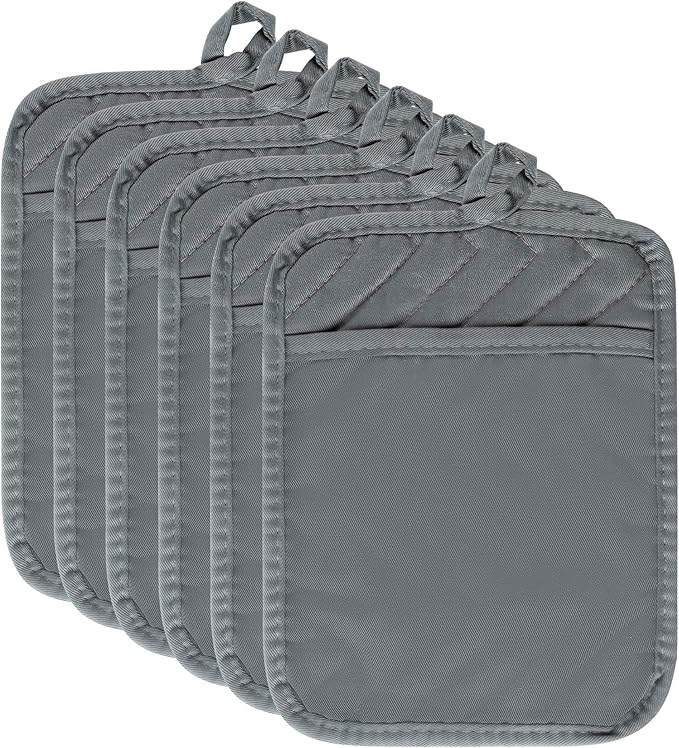 R HORSE 6Pcs Pot Holder with Pocket Grey Cotton Pocket Pot Holder Set for Kitchen Heat Resistant Potholder Terry Cloth Coaster Kitchen Hot Pad Oven Mitts Pads Trivet for Baking Cooking 7''x9''