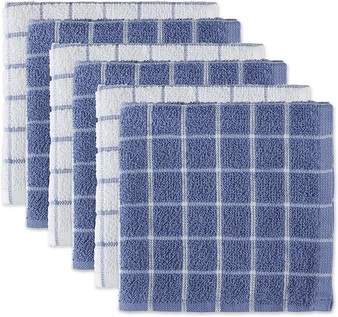 DII Basic Terry Collection Windowpane Dishcloth Set, 12x12, Stonewash Blue, 6 Piece