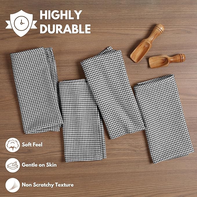 Cloth Napkin 100% Cotton 18Inch x 18Inch Decorative Washable Houndstooth Check Napkins Table Napkin for Dining, Kitchen, Parties & Camping - Black (Set of 12)
