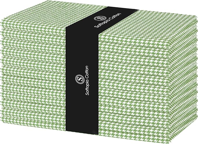Mint Green Cloth Napkins 12 Pack, 18x18 Inches, 100% Cotton, Houndstooth Check Pattern, Soft, Decorative Washable Table Linen for Dining, Family Dinner, Easter Brunch, Spring Wedding