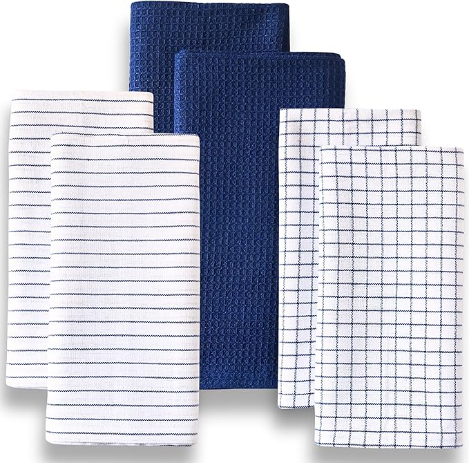 Highly Absorbent Cotton Kitchen Towels for Drying Dishes - Set of 6 Dish Towels - Narrow Navy Blue Stripes Plaid Waffle Dishtowels - 18"X28" Large Lint Free Linen Tea Hand Bulk T Towls