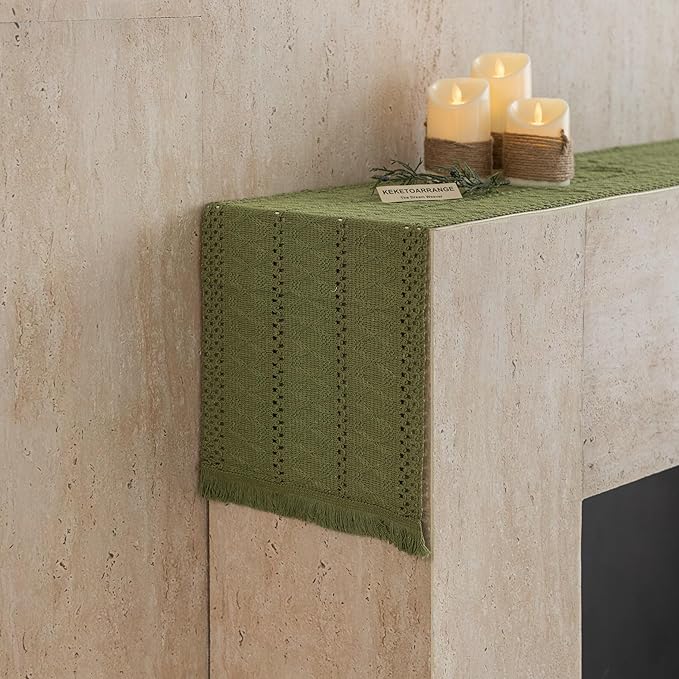 Keketoarrange Boho Sage Green Table Runner for Spring Home Decorations 12x48 Inches Farmhouse Small Macrame Woven Burlap Rustic Coffee Dresser Table Runner Dining Kitchen Centerpiece Bohemian Decor