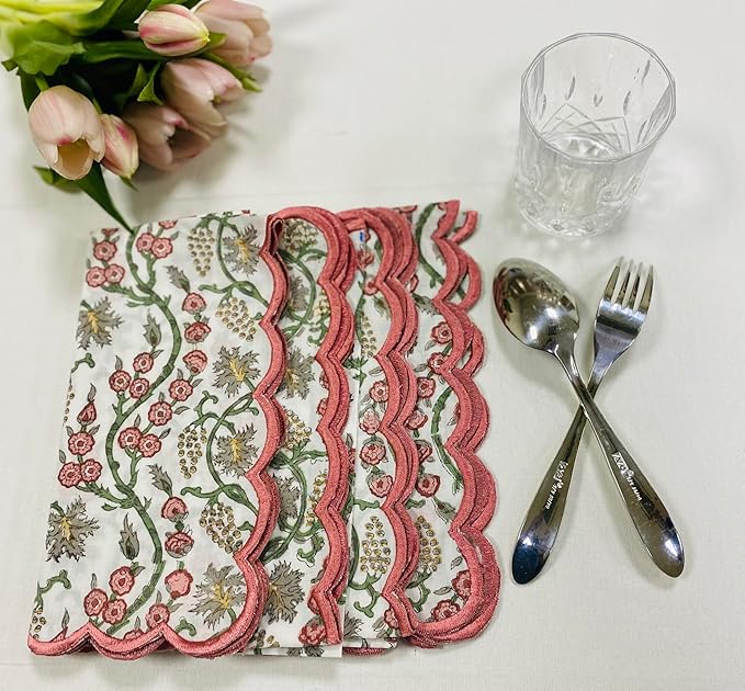 Ridhi Hand Block Print Coral Pink 18" x 18" (Set of 4) Embroidery Table Napkins Reusable Cotton Dinner Napkins for Weddings, Parties, Everyday Dining Gift for Spring, Easter, Valentine