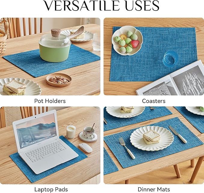 Softalker Faux Linen Placemats Set of 8-12 x 18 Inch, Heat Resistant Double Layered Durable Burlap Farmhouse Place Mats, Non-Slip Washable Rustic Table Mats for Dining, Kitchen, Party（Sky Blue