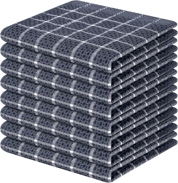 Homaxy 100% Cotton Dish Cloths, 8 Pack-12 X 12 Inches, Check Design Waffle Weave Dish Rags for Washing Dishes, Ultra Absorbent and Fast Drying Dishcloths, Grey