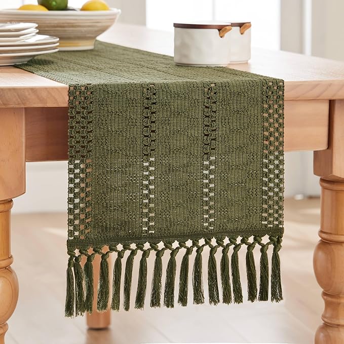 ZeeMart Macrame Style Boho Table Runner, Moss Green Table Runners 48 Inches Long, Farmhouse Woven Home Decor, 12x48 Inch, Moss