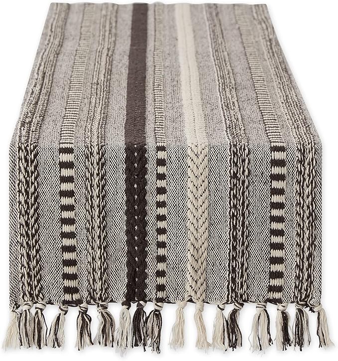 DII Farmhouse Braided Stripe Table Runner Collection, 15x108 (15x113, Fringe Included), Dark Brown
