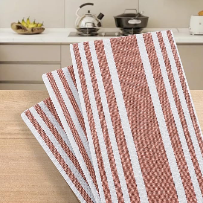Homaxy Premium Kitchen Towels 18”x 28”, Large Cotton 380 GSM Kitchen Hand Towels, Stripe and Terry Dish Towel, Highly Absorbent Tea Towel Set with Hanging Loop, 8 Pack, Rust