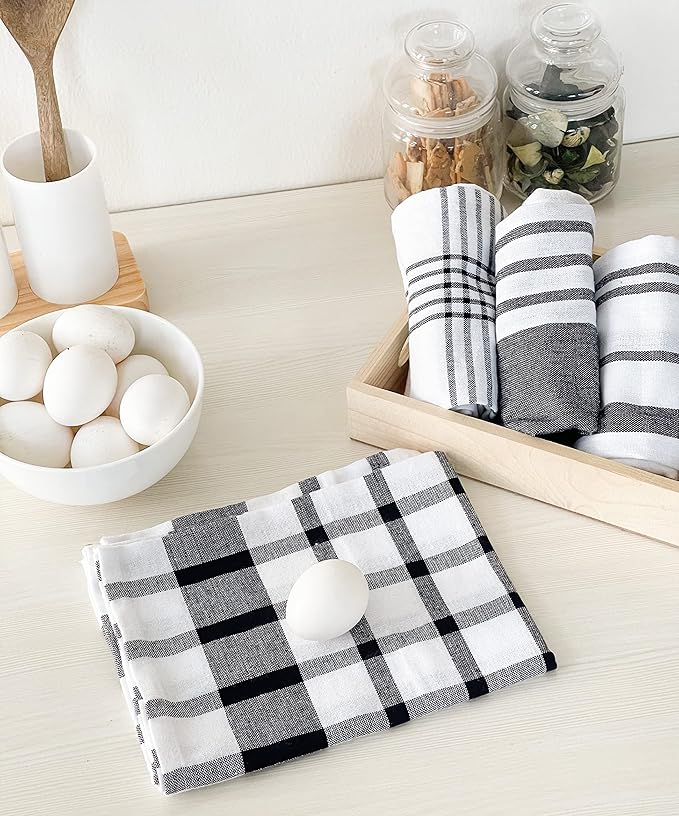 Chardin home Recycled Cotton Assorted Woven Kitchen Towels Set, Black-White | 18x28 Inch Kitchen/Dish Cloths Set of 4 |Super Absorbent Reusable Hand and countertop Towels, Ultra Soft Tea Towels