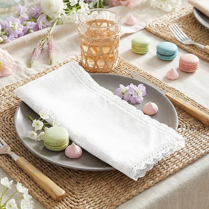 Flax Lace Cloth Dinner Napkins Set of 4 White - 20x20 Inch, Soft Durable Premium Cotton Linen Dinning Table Napkins Ideal for Wedding, Birthday, Guest | Spring Washable Napkin for Easter Basket Décor