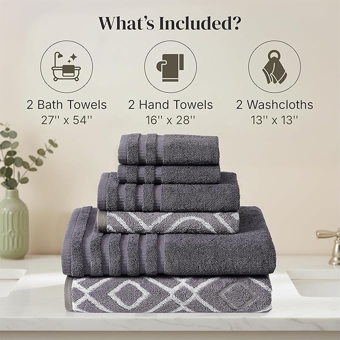 Modern Threads Classic Diamond 6-Piece 100% Cotton Towel Set – Yarn Dyed Jacquard – Includes 2 Bath Towels, 2 Hand Towels, 2 Washcloths – Absorbent, Quick Dry, Soft & Durable – Purple