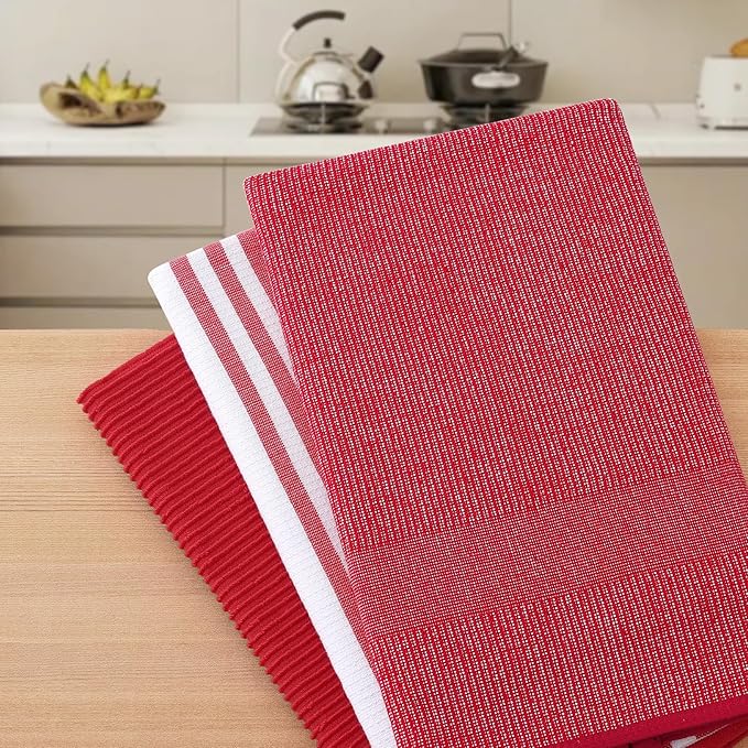 Homaxy Premium Kitchen Towels(18”x 28”, 9 Pack), Large Cotton 380 GSM Kitchen Hand Towels, Soft and Absorbent Terry Dish Towels, Multipurpose Tea Towel Set with Hanging Loop, Red