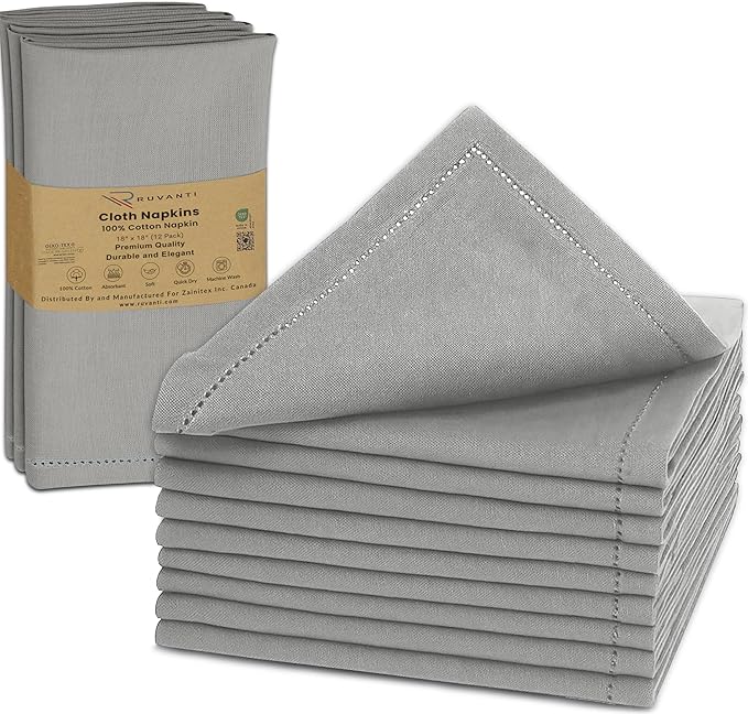Ruvanti Cloth Napkins Set of 12, 100% Cotton High GSM 18x18 Inches, Hem Stitched Corners, Soft, Washable, Highly Durable & Absorbent, Perfect for Parties, Christmas, Thanksgiving Dinners – Wild Dove
