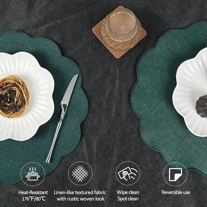 AHHFSMEI Round Faux Linen Placemats Set of 4 Heat Resistant Non-Slip Stain Proof Table Mats for Kitchen Dining Elegant Decor Place Mats (Forest Green,4)