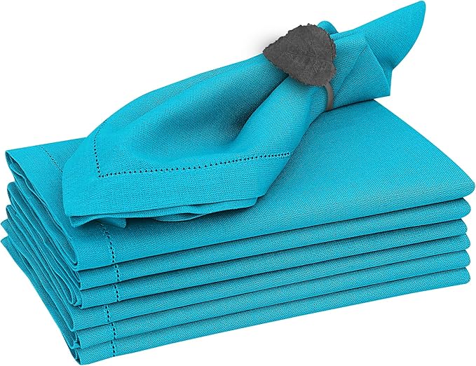 Ruvanti Premium Linen Napkins Set of 6-20x20 Inch, Classic Hemstitch, Mitered Corner Cloth Napkins ‎‎- Soft, Elegant Dinner Napkins Cloth Washable for Weddings, Parties, Everyday Use - Blue
