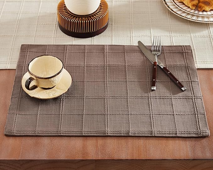 ZeeMart Linen Checked Placemats Set of 4, Plaid Embroidery Textured Table Mats, Double Layer Thick Farmhouse Rustic Place Mats for Kitchen Dining Table Home Decor, Cocoa Brown 13x19 Inch