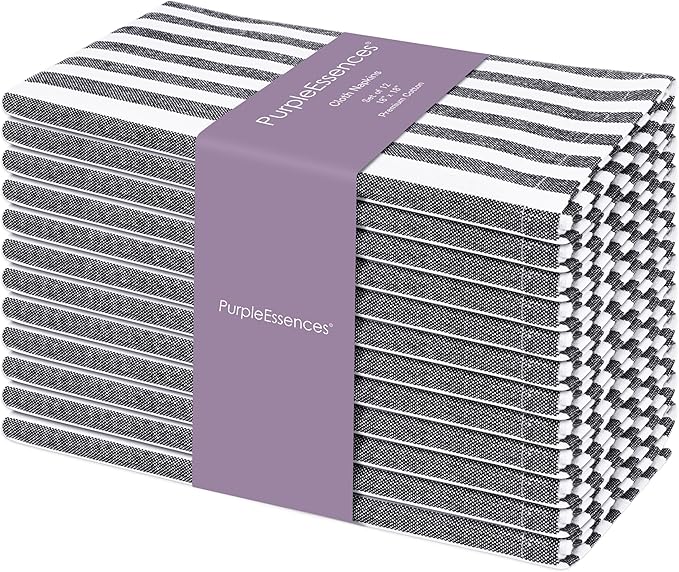 PurpleEssences Plain Striped Cloth Napkins - Set of 12-100% Cotton - 18 x 18 Inch - Spring Easter Summer and Perfect Everyday Use Dinner Napkin - Black and White