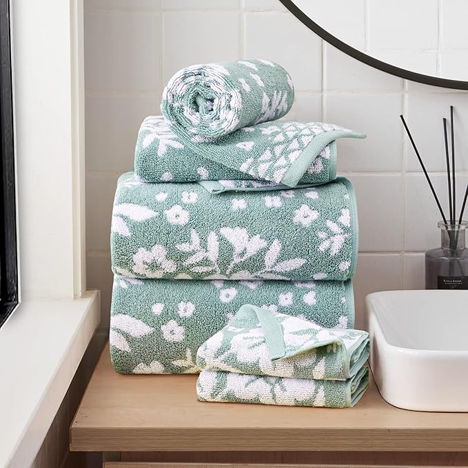 Lucky Brand Folk Floral 6 Piece Bath Towel Set - (2) Bath Towels, (2) Hand Towels, and (2) Washcloths - Iceberg Green Premium Bathroom Towel Set