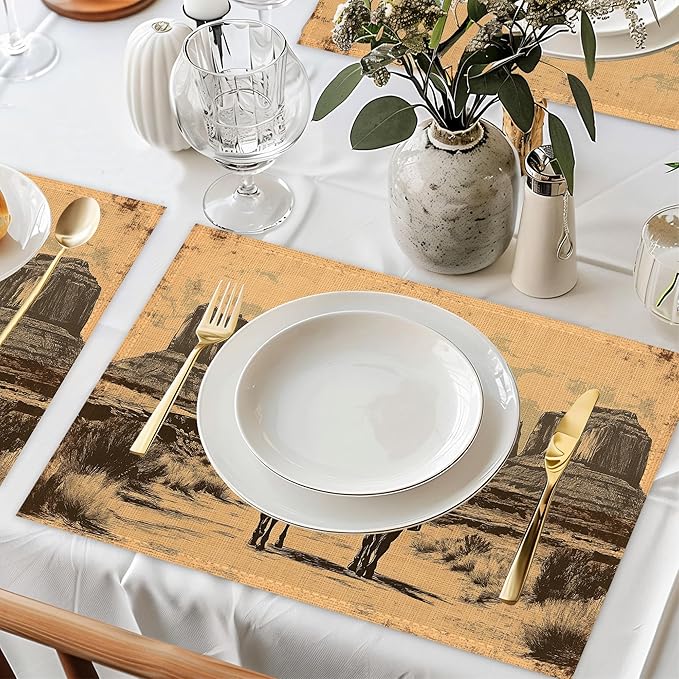 Vintage Western Cowboy Placemats Set of 6,Waterproof Heat Resistant Dining Table Plate Mat for Home Kitchen Dining Table 12x18Inch