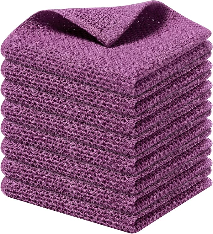 Kitinjoy 100% Cotton Kitchen Dish Cloths (12 X 12 Inches, Violet), 8 Pack Waffle Weave Ultra Soft Absorbent Dish Towels for Drying Dishes Quick Drying Kitchen Towels Dish Rags