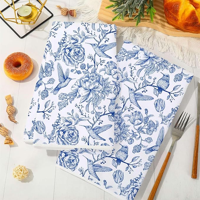 Chinoiserie Floral Kitchen Towels Blue White Flowers Bird Dish Towels 18 x 28 Inch Decorative Hand Drying Tea Towel for Farmhouse Cooking Baking Cleaning Wipes, Set of 2
