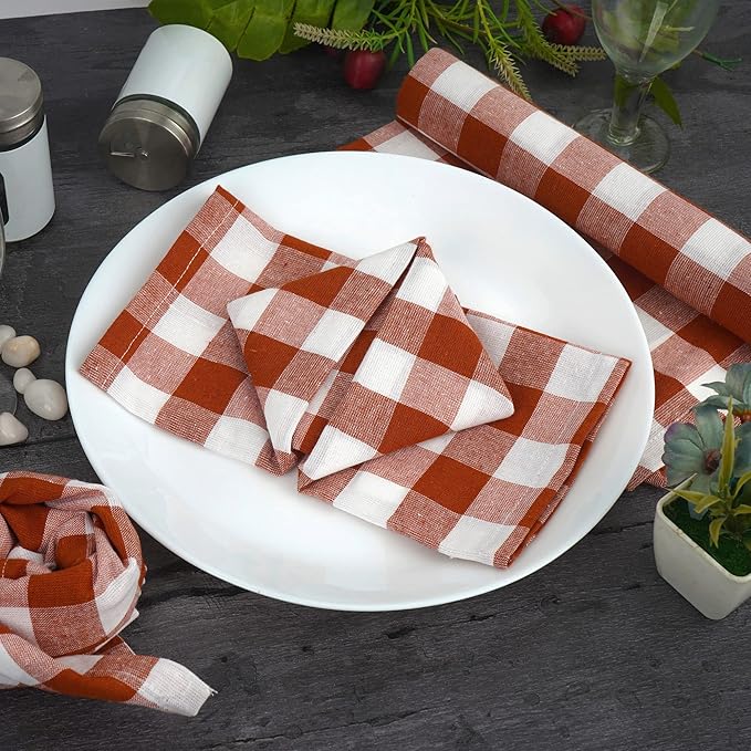 FINGERCRAFT Cloth Napkins, Everyday Use, Premium Quality, Cotton Buffalo Plaid, Set of 12, 20X20 Inch Oversized Napkins Cloth Mitered Corners, Soft, Durable Hotel Quality Brown White Checkered