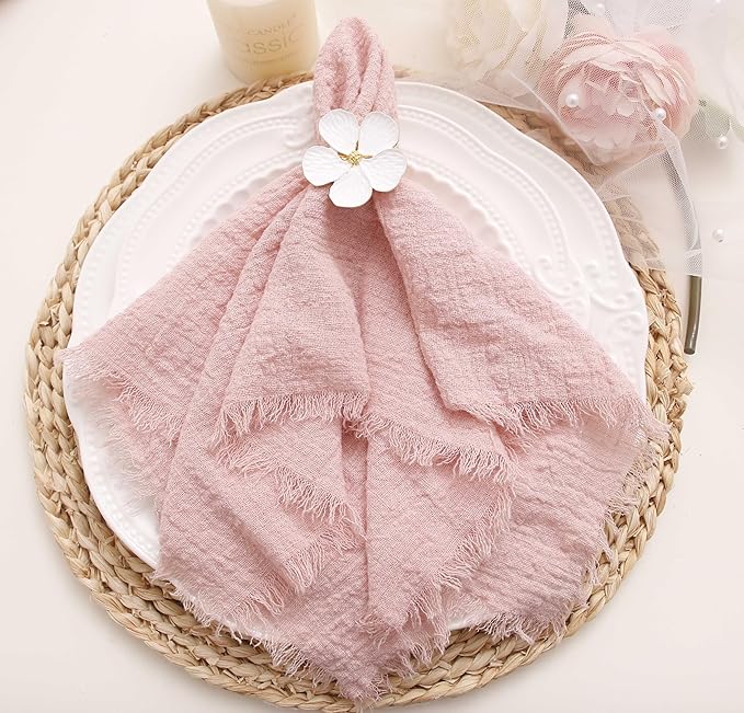 Cloth Napkins with Fringe Set of 12,100% Natural Soft Cotton, Easter Spring Washable Gauze Napkins for Wedding Decorative,Dinner Parties, (12 Pack, Dusty Pink)