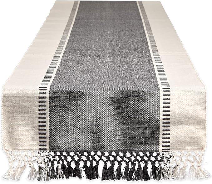 DII Dobby Stripe Woven Table Runner, 13x72 (13x77.5, Fringe Included), Mineral Gray