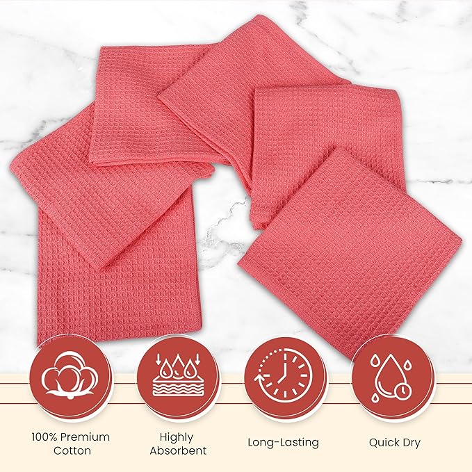 Vintage Vista 100% Cotton Waffle Dish Cloths (Pack of 6) - Dish Rags for Washing Dishes - Reusable & Highly Absorbent Kitchen Towels - Kitchen Rags fo Easter - (12" x 12" - Pink)