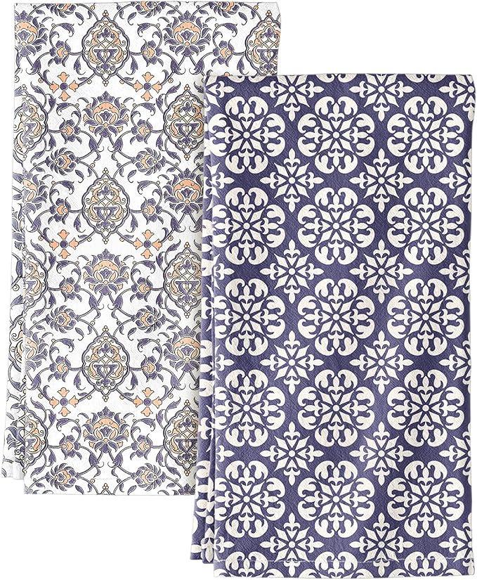 Miss Adola 2 Pack Flour Sack Kitchen Towels - 16x26 Inch Cotton Dish Towels with Hanging Loop Reusable Geometric Boho Modern Retro Tea Towel Absorbent Dishcloths Home Decor, Blue Boho Style