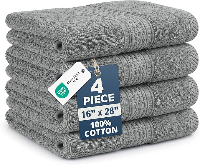 Grey Hand Towels for Bathroom - Pack of 4 (16" x 28") - 100% Cotton Double Stitched Edges - Ultra Soft, Quick Dry & Highly Absorbent - Everyday Comfort Hand & Face Towels for Family and Gym Use - Grey