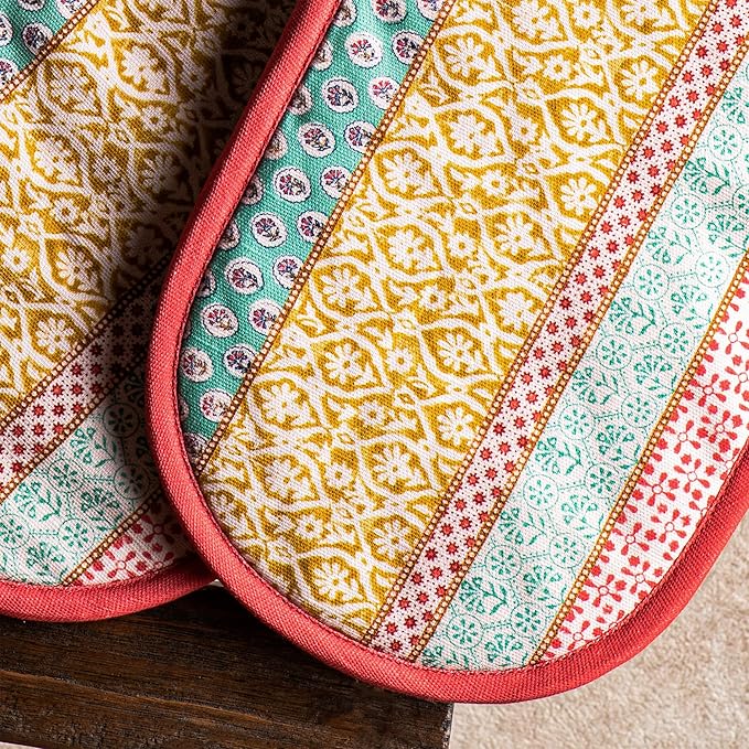 Maison d' Hermine Double Oven Mitts 100% Cotton 7"x35" Double Oven Mitt Heat Resistant BBQ Cooking Gloves with Loop Baking Grilling Gifts for Mothers Day Spring Summer (Provence)