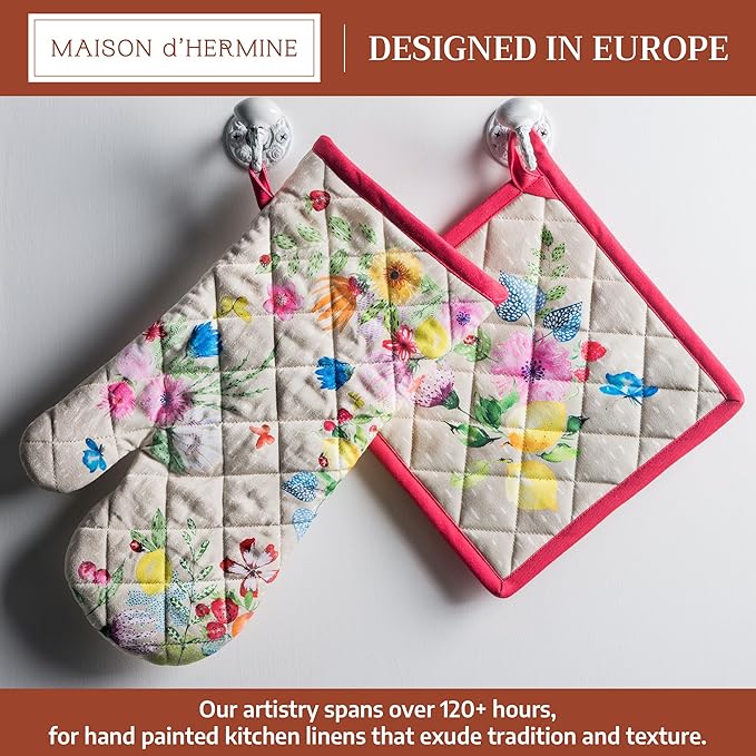 Maison d' Hermine 100% Cotton Oven Mitt & Pot Holder Set (7.5"x13" & 8"x8") Heat Resistant BBQ Cooking Gloves with Loop Grilling Kitchen Gifts for Mothers Day Spring/Summer (Jardin D'Ete - Fog)
