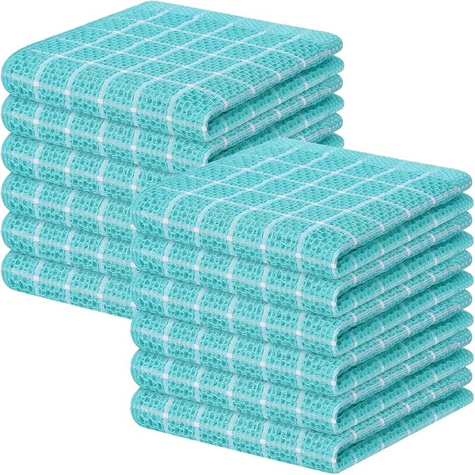 Homaxy 100% Cotton Dish Cloths, 12 Pack-12 X 12 Inches, Check Design Waffle Weave Dish Rags for Washing Dishes, Ultra Absorbent and Fast Drying Dishcloths, Aqua