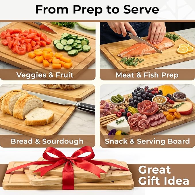 Set of 3 Bamboo Cutting Boards for Kitchen - Thick & Durable Wood Cutting Boards Set with Deep Juice Grooves & Build-in Handles, Large Surface, Easy to Clean – for Meat, Vegetables and Fruits