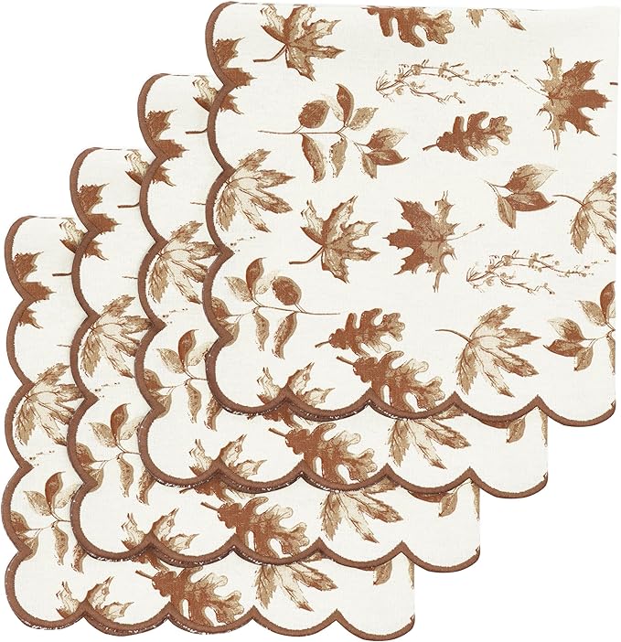 PurpleEssences Scalloped Embroidery Cloth Napkins - Spring Easter Summer - Table Decor - 100% Cotton - Set of 4-18x18 inch - Aurelia(Edges - Rust)