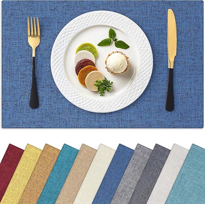 Homaxy Cloths Placemats for Dining Table Set of 4, Heat Resistant Washable Cotton Linen Blend Table Mats, Easy to Clean Place Mats for Indoor Outdoor Party Kitchen Decoration, 13" x 18", Blue